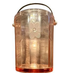 Pink Depression Glass 1930’s Ice Bucket Floral Etched Vintage Art Deco Collector